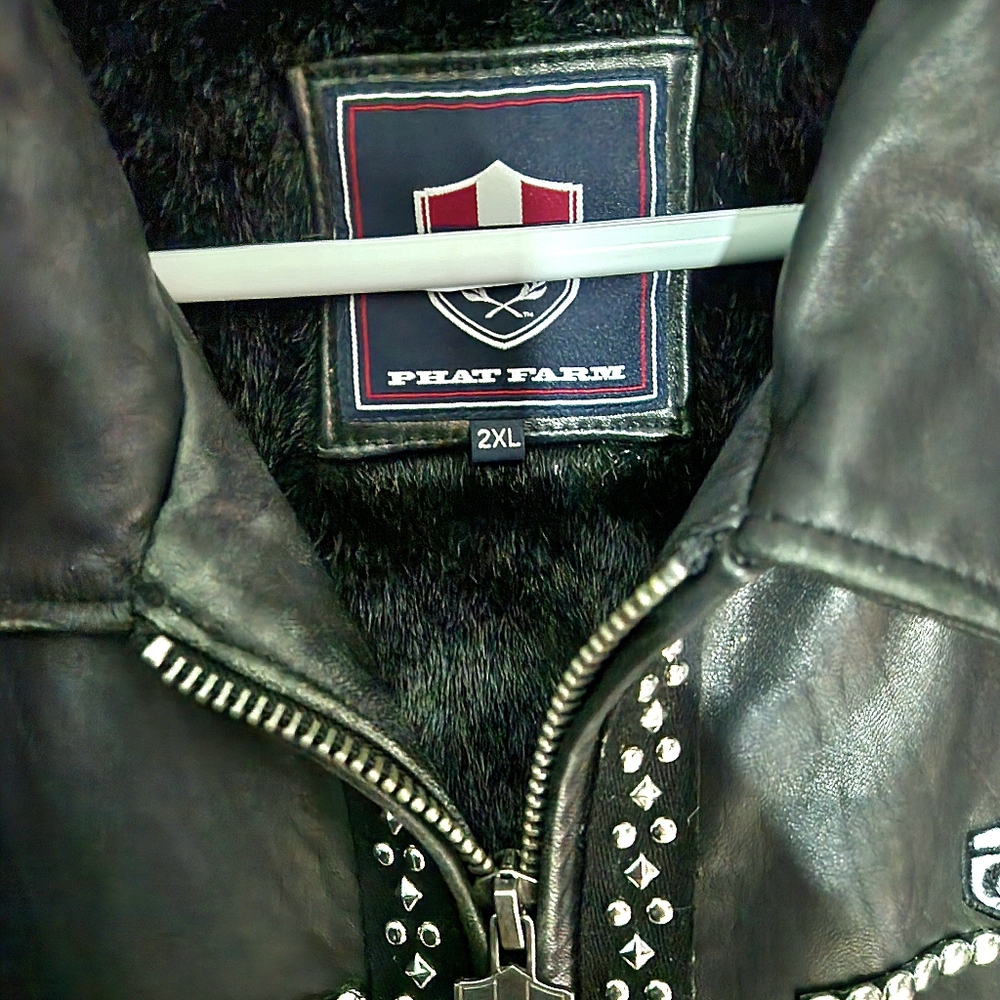 1 Of 1 Phat Farm Limited Edition Studded Premium Leather Coat Fur Lined 2X - Picture 11 of 14